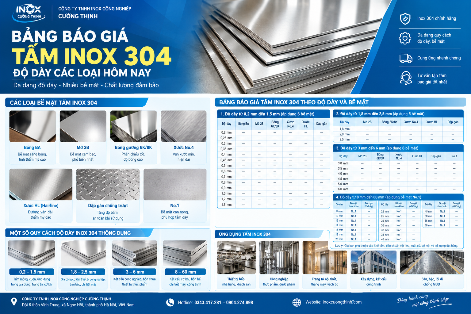Bảng báo giá Tấm inox 304 độ dày các loại hôm nay